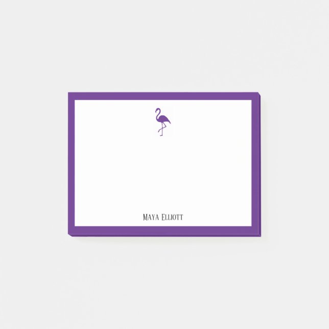 Purple Flamingo and Border on White with Name Post-it Notes (Front)