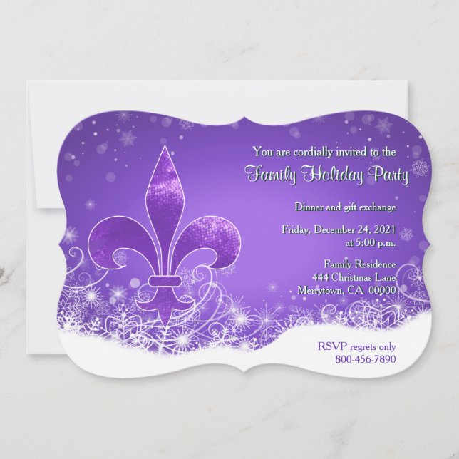 Purple Fleur and Snowflake Holiday Invitation (Front)