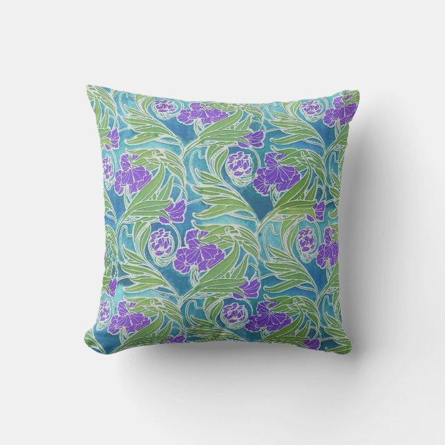 PURPLE FLEUR DE LIS ,GREEN LEAVES AQUA BLUE FLORAL CUSHION (Front)