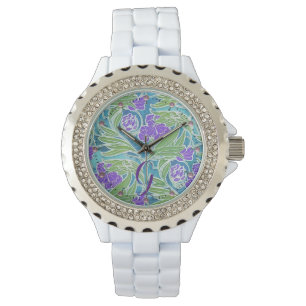 PURPLE FLEUR DE LIS ,GREEN LEAVES AQUA BLUE FLORAL WATCH
