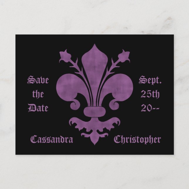 Purple fleur de lis on black save the date wedding announcement postcard (Front)