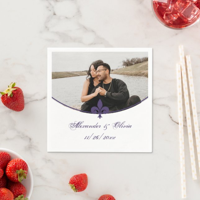 Purple Fleur de Lis Photo Wedding Napkins (Insitu)