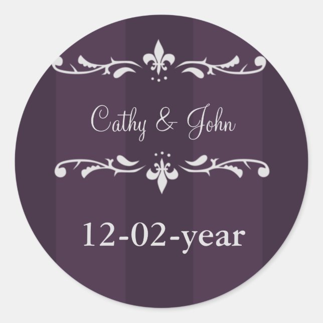 Purple fleur de lis Wedding Classic Round Sticker (Front)