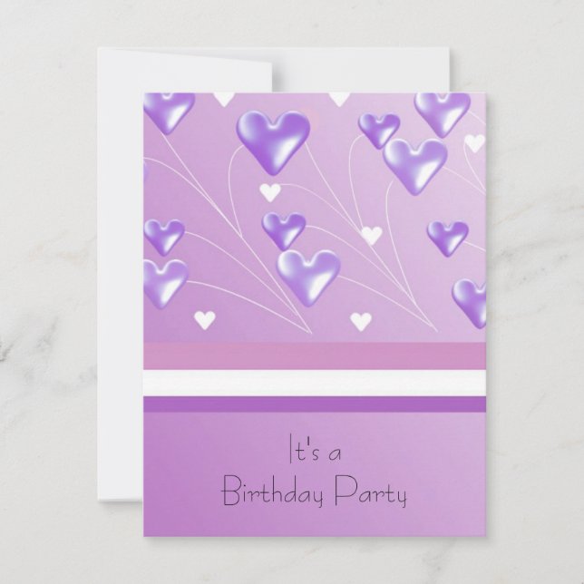 Purple Floating Hearts Birthday Party Invitation (Front)