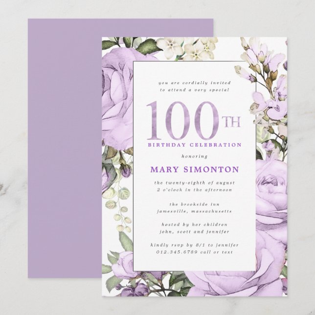 Purple Floral 100th Birthday Party Invitation (Front/Back)