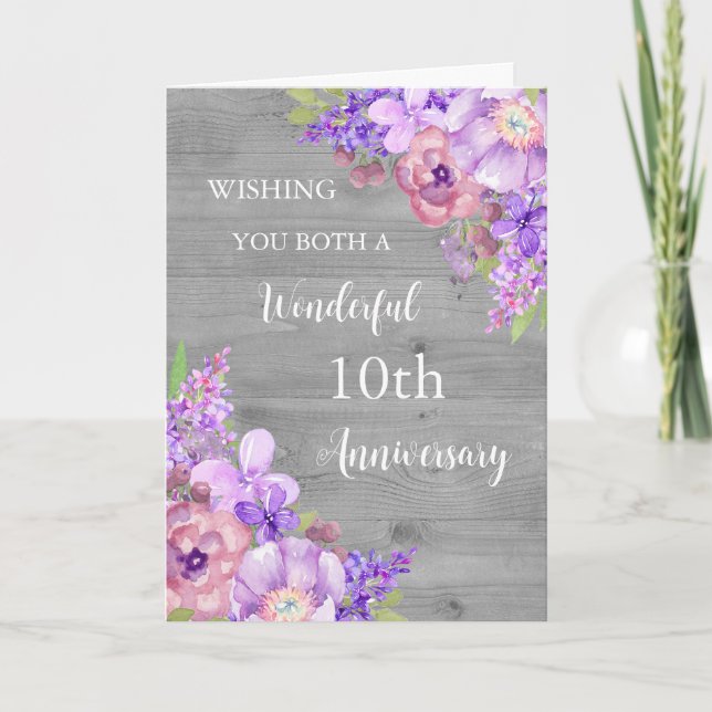 Purple Floral 10th Wedding Anniversary Card (Front)