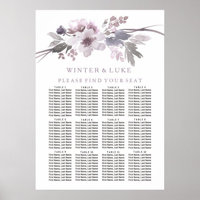 Purple Floral 12 Table Wedding Seating Chart (Front)