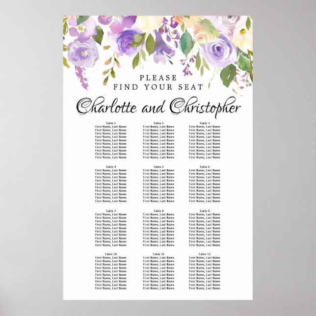 Purple Floral 12-Table Wedding Seating Chart (Front)