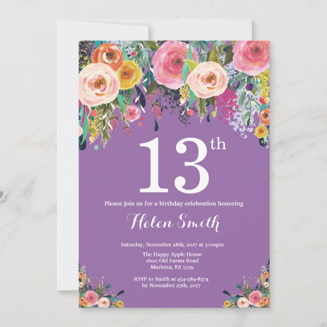 Purple Floral 13th Birthday Invitation (Front)