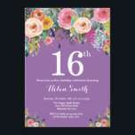Purple Floral 16th Birthday Invitation<br><div class="desc">Purple Floral 16th Birthday Invitation for Girl. Watercolor Floral Flower. Purple Lilac Lavender Violet Background. Pink, Yellow, Orange, Purple Flower. Kids Birthday. 13th 15th 16th 18th 20th 21st 30th 40th 50th 60th 70th 80th 90th 100th, Any Ages. For further customisation, please click the "Customise it" button and use our design...</div>