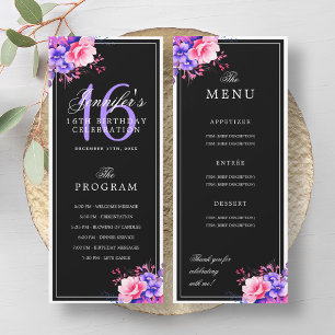 Purple Floral 16th Birthday Program Menu Black Invitation
