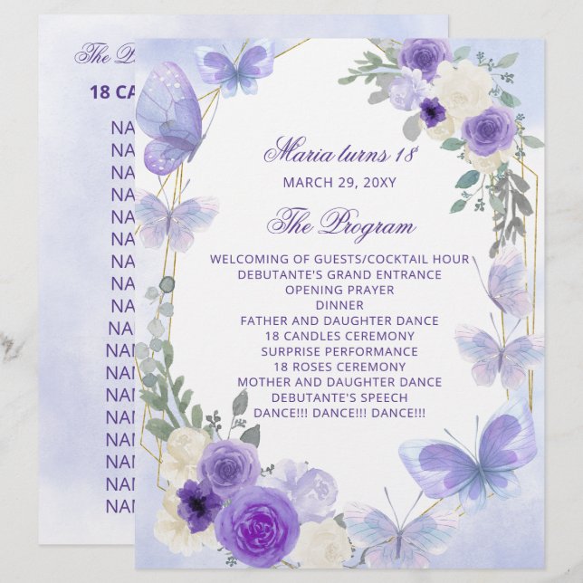 Purple Floral 18 Candle and Roses Ceremony Program (Front/Back)