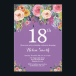 Purple Floral 18th Birthday Invitation<br><div class="desc">Purple Floral 18th Birthday Invitation for Women. Watercolor Floral Flower. Purple Lilac Lavender Violet Background. Pink, Yellow, Orange, Purple Flower. Adult Birthday. 13th 15th 16th 18th 20th 21st 30th 40th 50th 60th 70th 80th 90th 100th, Any Ages. For further customisation, please click the "Customise it" button and use our design...</div>