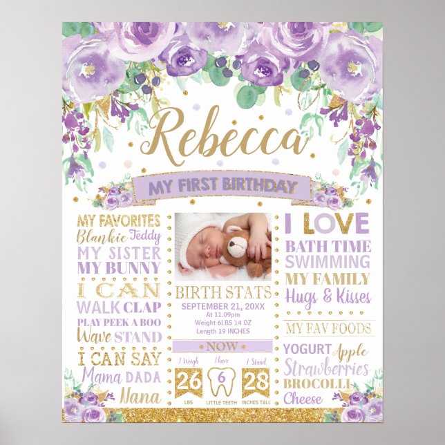 Purple Floral 1st Birthday Milestone Birth Stats P Poster (Front)