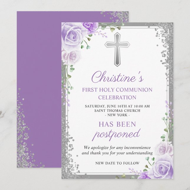 Purple Floral 1st Communion Postponed Announcement (Front/Back)