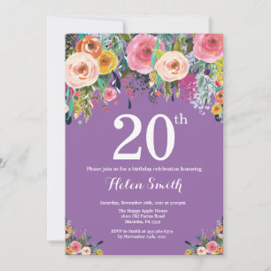 Purple Floral 20th Birthday Invitation