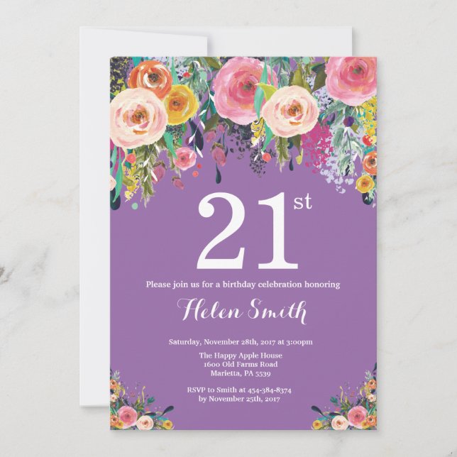 Purple Floral 21st Birthday Invitation (Front)