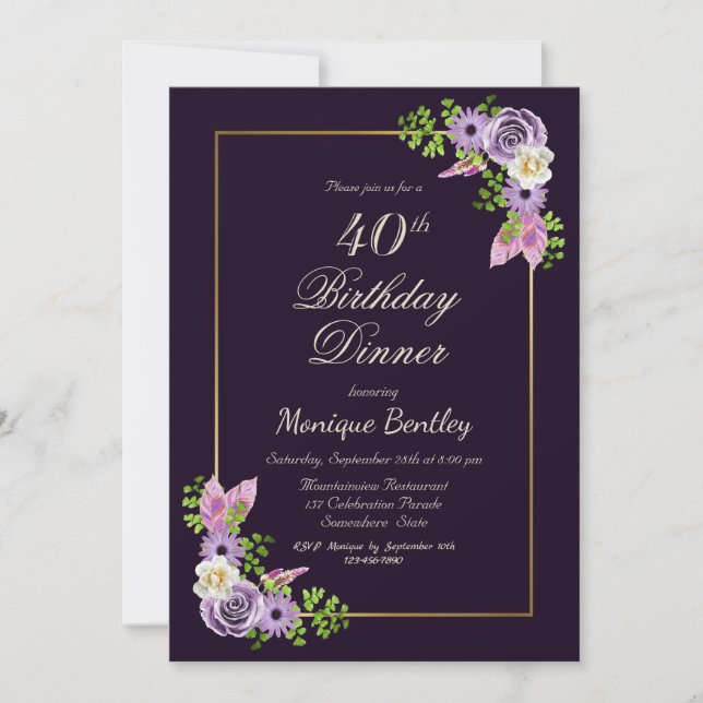 Purple Floral 40th Birthday Dinner Invitation (Front)