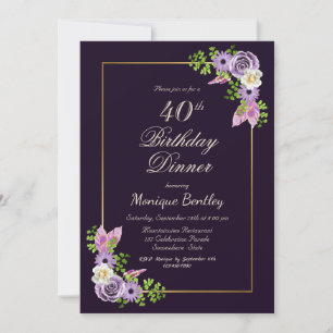 Purple Floral 40th Birthday Dinner Invitation