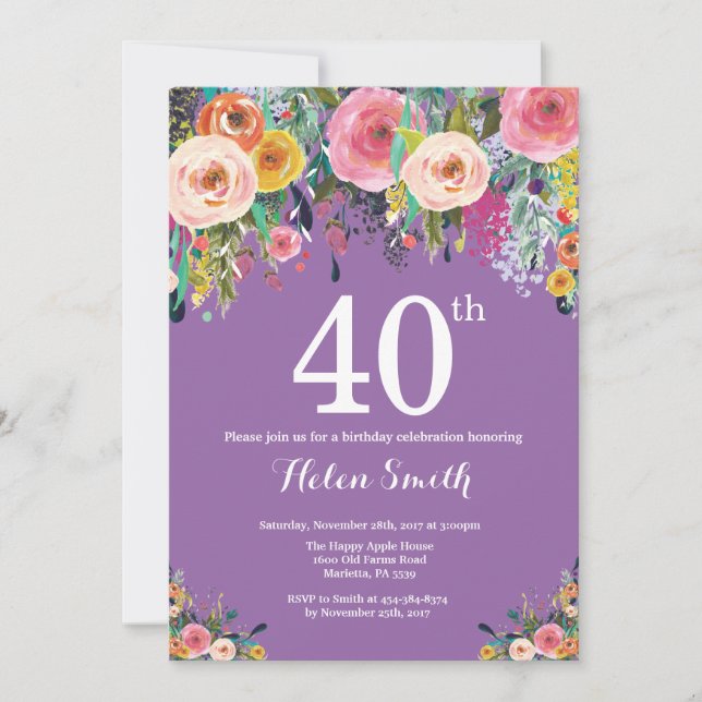 Purple Floral 40th Birthday Invitation (Front)