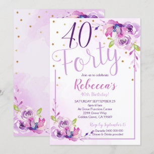 Purple Floral 40th Birthday Invitation 40th