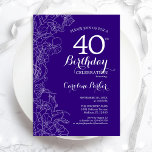 Purple Floral 40th Birthday Party Invitation<br><div class="desc">Purple Floral 40th Birthday Party Invitation. Minimalist modern design featuring botanical outline drawings accents and typography script font. Simple trendy invite card perfect for a stylish female bday celebration. Can be customized to any age. Printed Zazzle invitations or instant download digital printable template.</div>