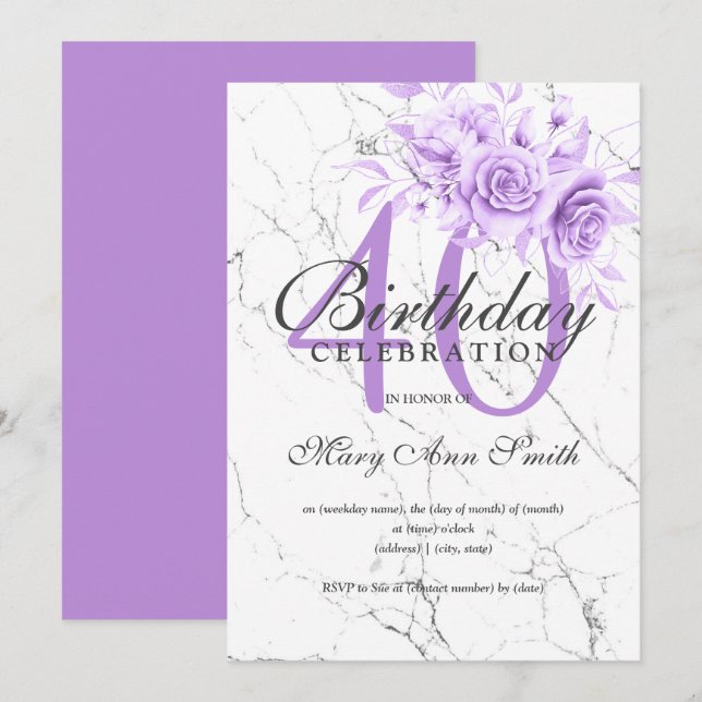 Purple Floral 40th Birthday Party Marble  Invitation (Front/Back)