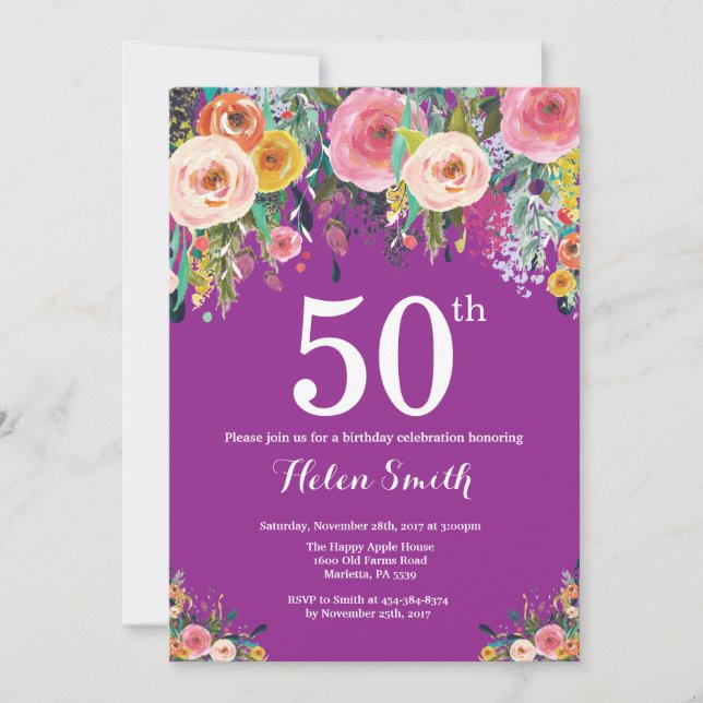 Purple Floral 50th Birthday Invitation (Front)
