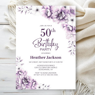 Purple Floral 50th Birthday Party Invitation