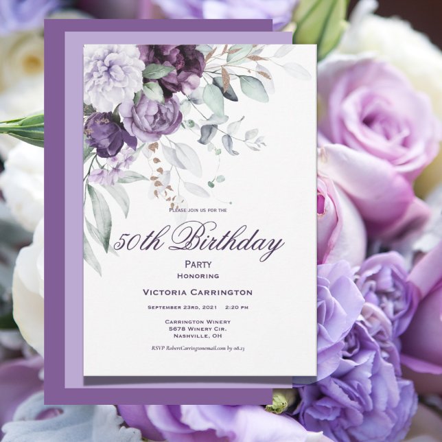 Purple Floral 50th Birthday Watercolor Modern Invitation (Creator Uploaded)