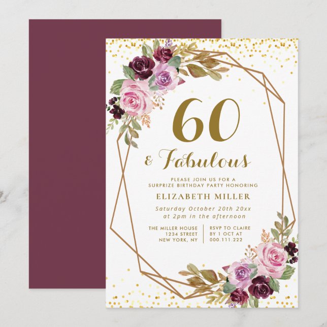 purple floral 60th birthday invitation (Front/Back)