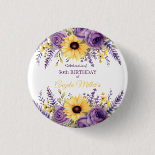 Purple floral 60th birthday party 3 cm round badge