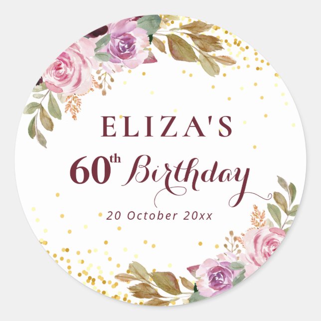 Purple floral 60th birthday party classic round sticker (Front)