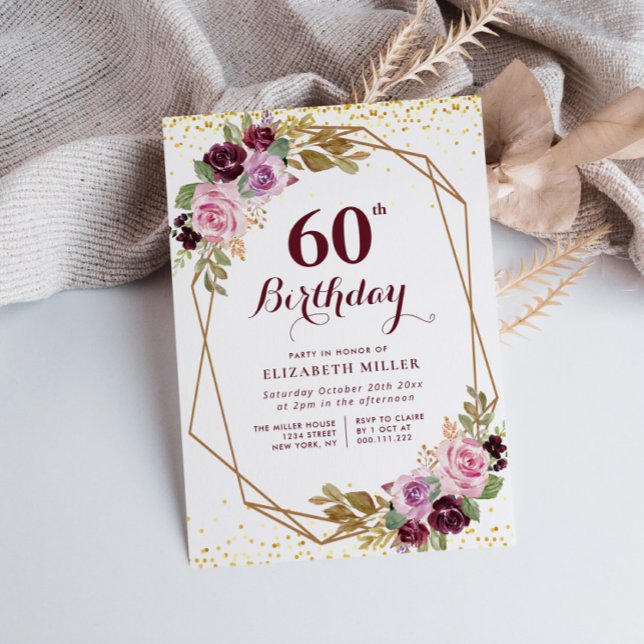 purple floral 60th birthday party invitation (Creator Uploaded)