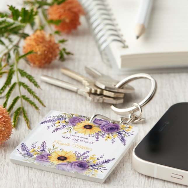 Purple floral 60th birthday party key ring (Front Right)