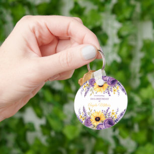 Purple floral 60th birthday party key ring