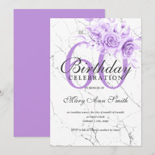 Purple Floral 60th Birthday Party Marble Invitation