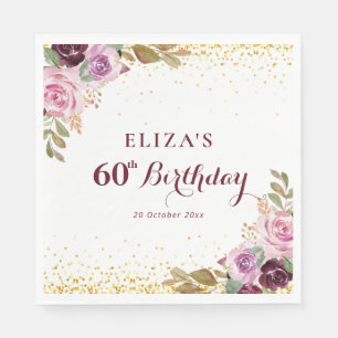 Purple floral 60th birthday party napkin