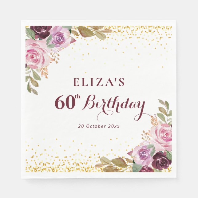 Purple floral 60th birthday party napkin (Front)