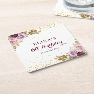 Purple floral 60th birthday party square paper coaster