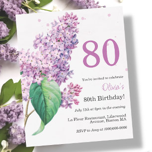 Purple Floral 80th Budget Birthday Invitation