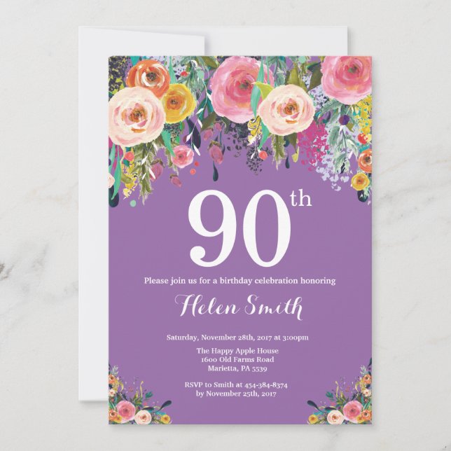 Purple Floral 90th Birthday Invitation (Front)