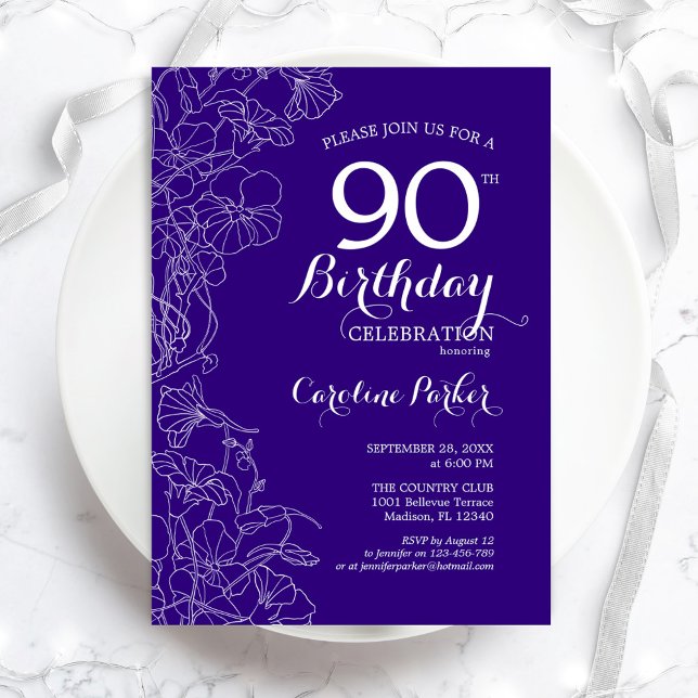 Purple Floral 90th Birthday Party Invitation (Creator Uploaded)