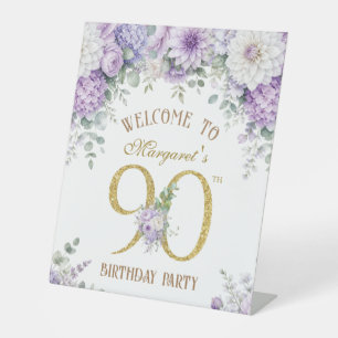 Purple Floral 90th Birthday Party Pedestal Sign