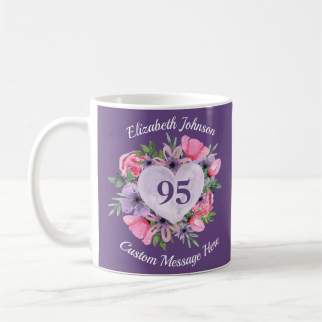 Purple Floral 95th Birthday Mug for Women (Left)