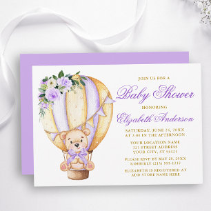 Purple Floral Air Balloon Teddy Bear Baby Shower Invitation