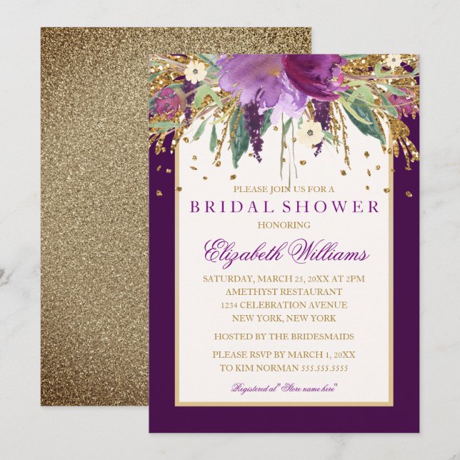 Purple Floral Amethyst Bridal Shower Invitation (Front/Back)