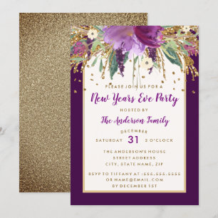 Purple Floral Amethyst New Years Eve Party Invitation