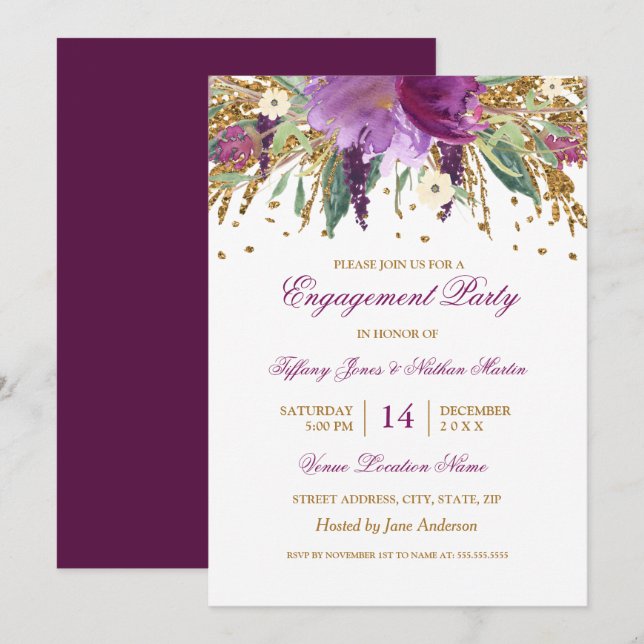 Purple Floral Amethyst Wedding Engagement Party Invitation (Front/Back)