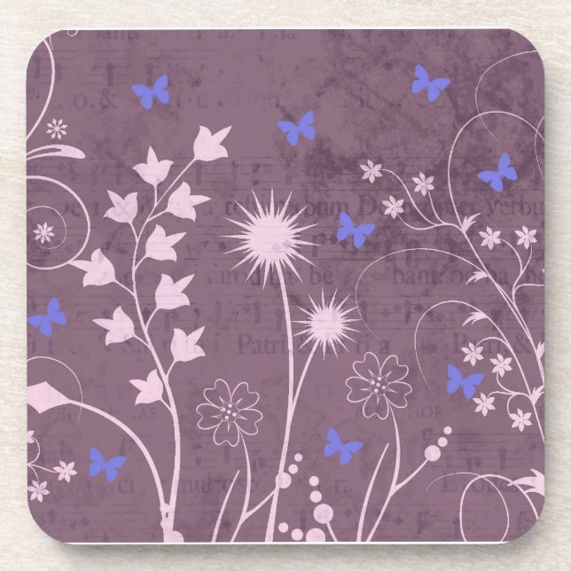 Purple Floral and Buttefly Set of 6 Coasters (Front)